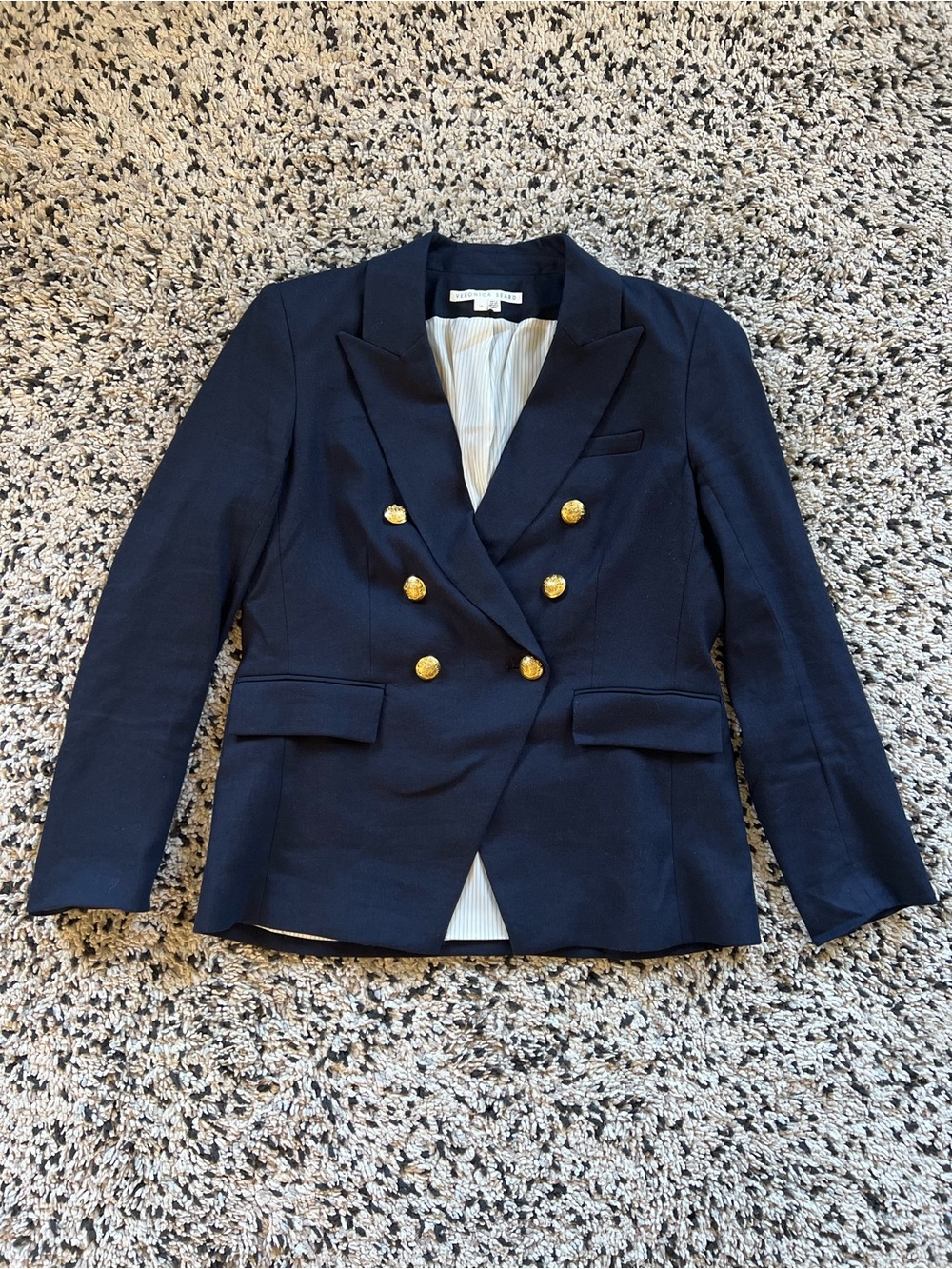 Veronica Beard Miller Dickey Jacket Navy Blue Gold Buttons Double Breast Size 14